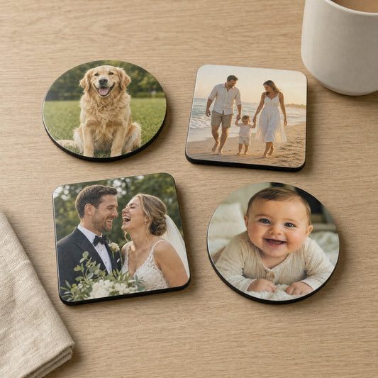 Four personalised photo coasters: dog, family, wedding and baby