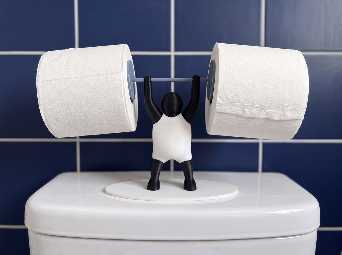 Strongman toilet roll holder on a cistern against navy blue tiles