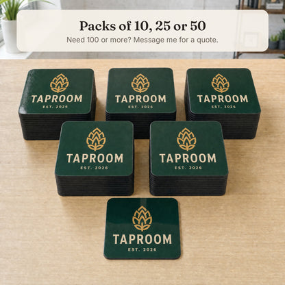 Packs of 10, 25 or 50 branded coasters in stacks