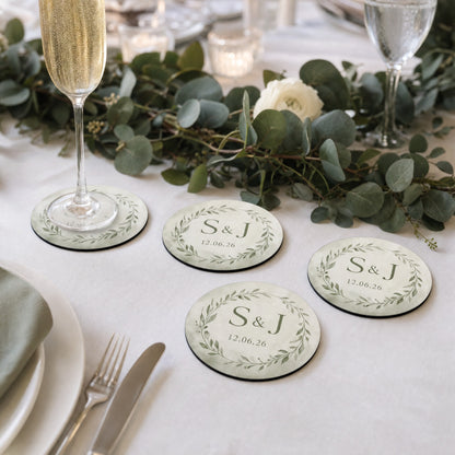 Wedding coasters with initials and a date