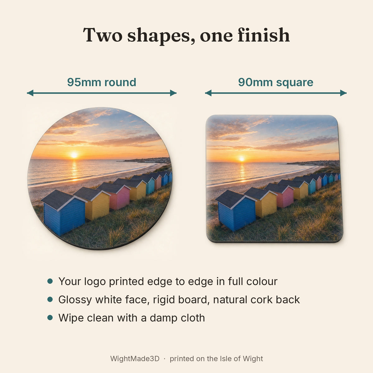 Round 95mm and square 90mm logo coasters