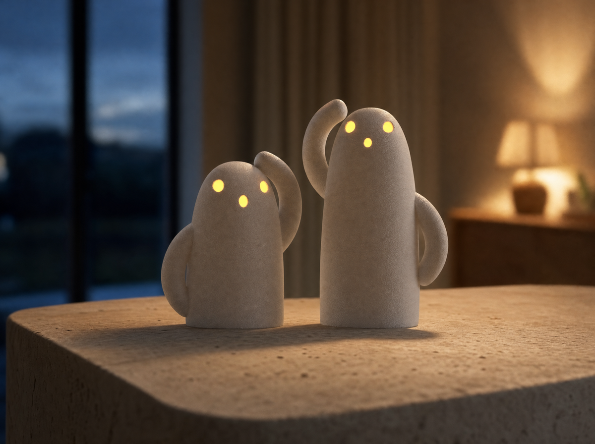 Ghost tea light holders glowing at dusk with LED tea lights