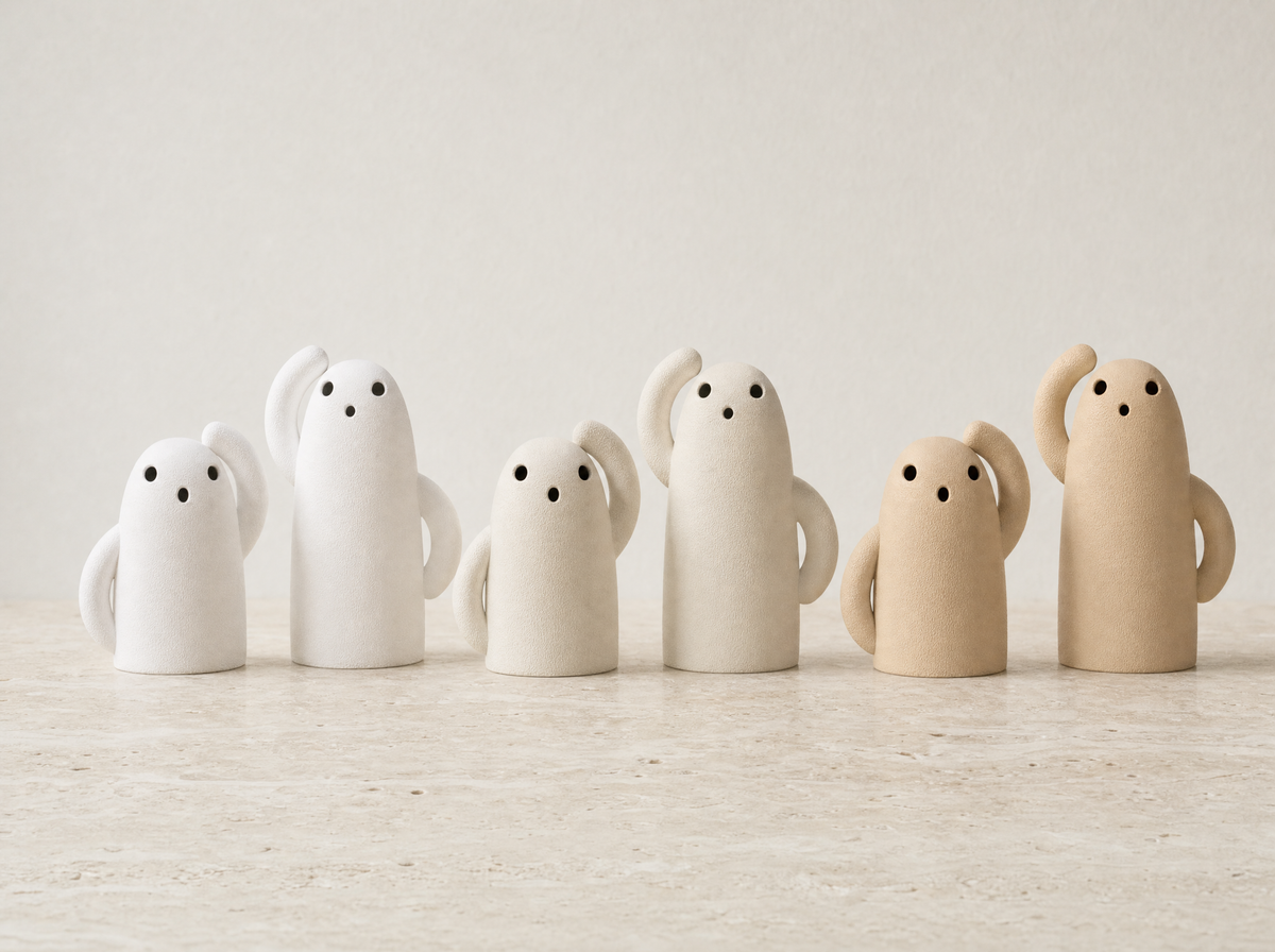 Ghost tea light holders in ivory white, bone white and desert tan