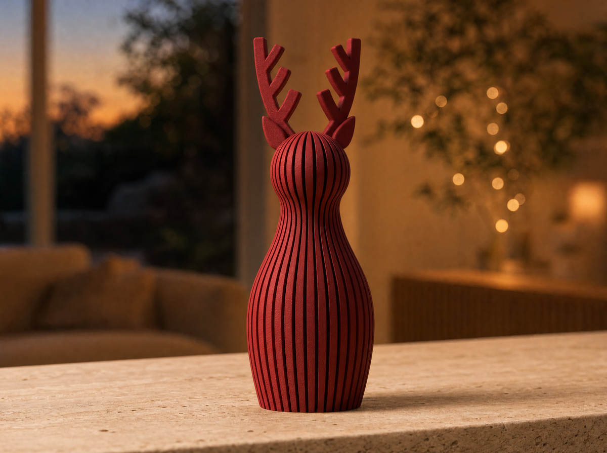 Dark red reindeer figurine with Christmas lights