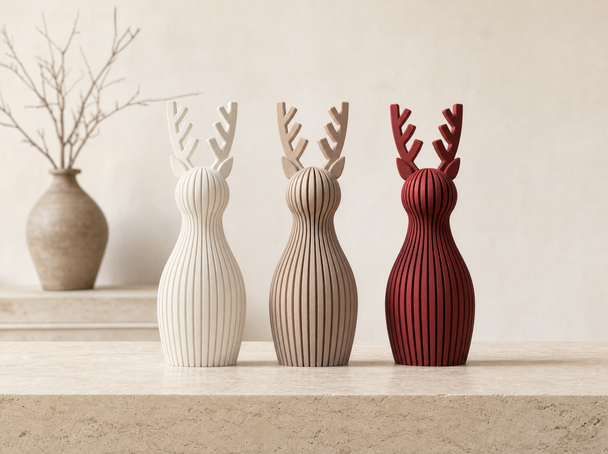 Modern ribbed Christmas reindeer figurines in ivory white, beige tan and dark red