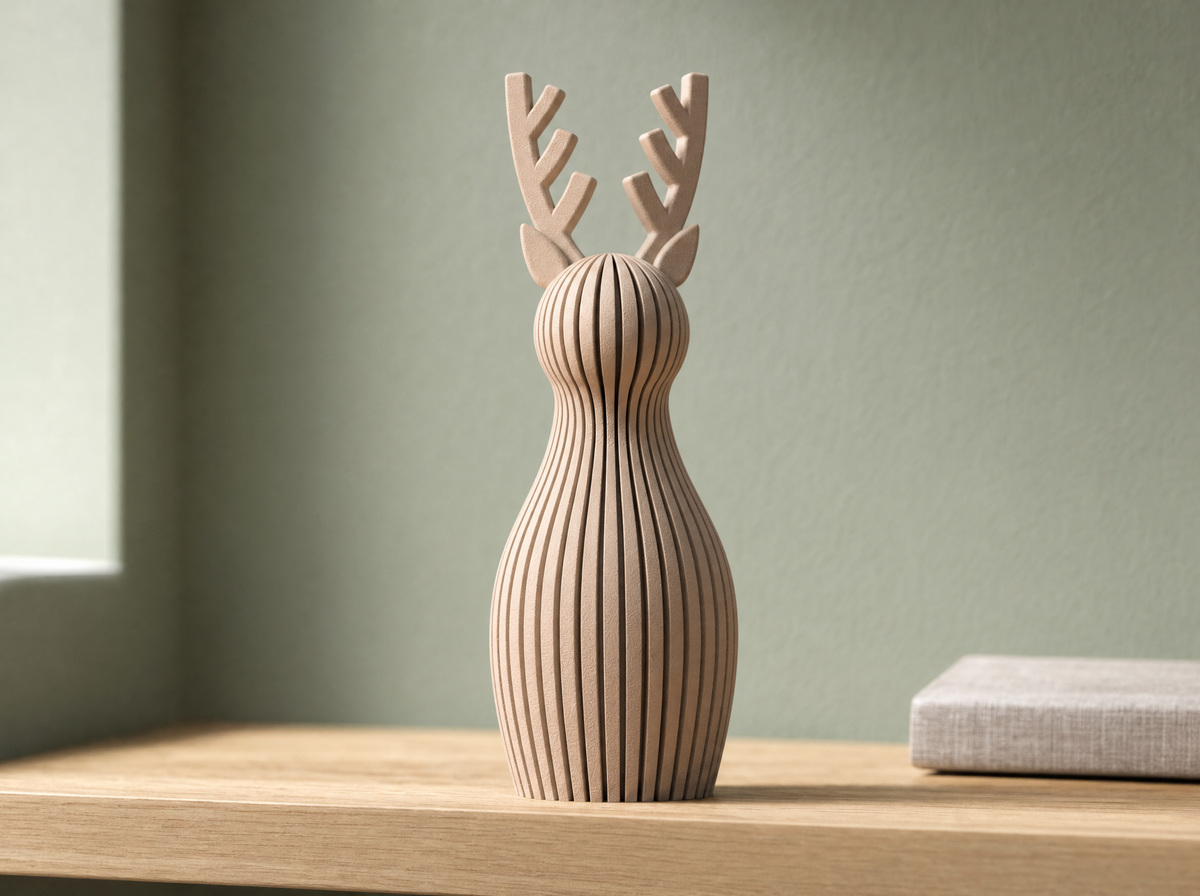 Beige tan reindeer figurine on an oak shelf