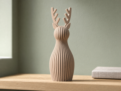 Beige tan reindeer figurine on an oak shelf