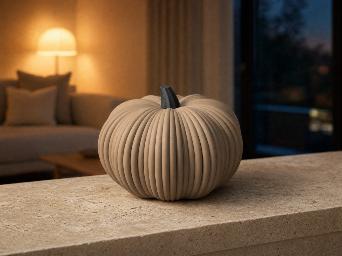 Dark tan pumpkin bowl in a cosy living room