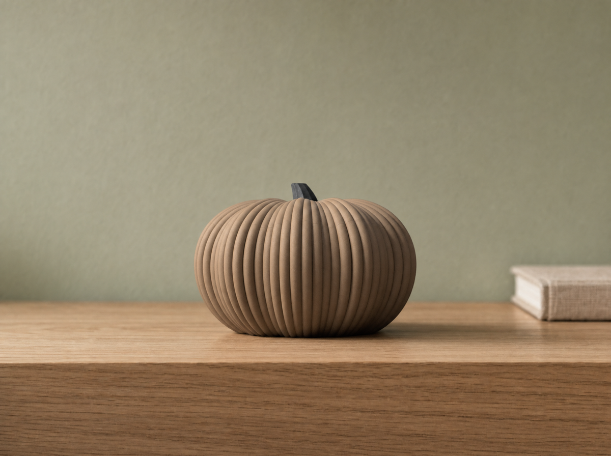 Dark tan pumpkin bowl on an oak shelf