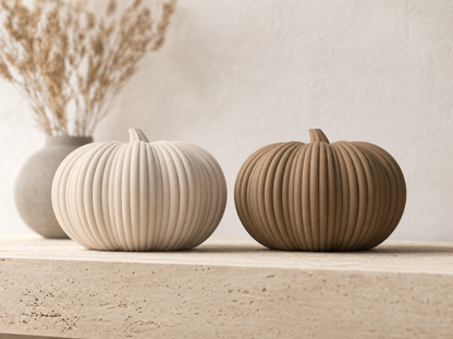 Ribbed pumpkin bowls with lids in bone white and dark tan