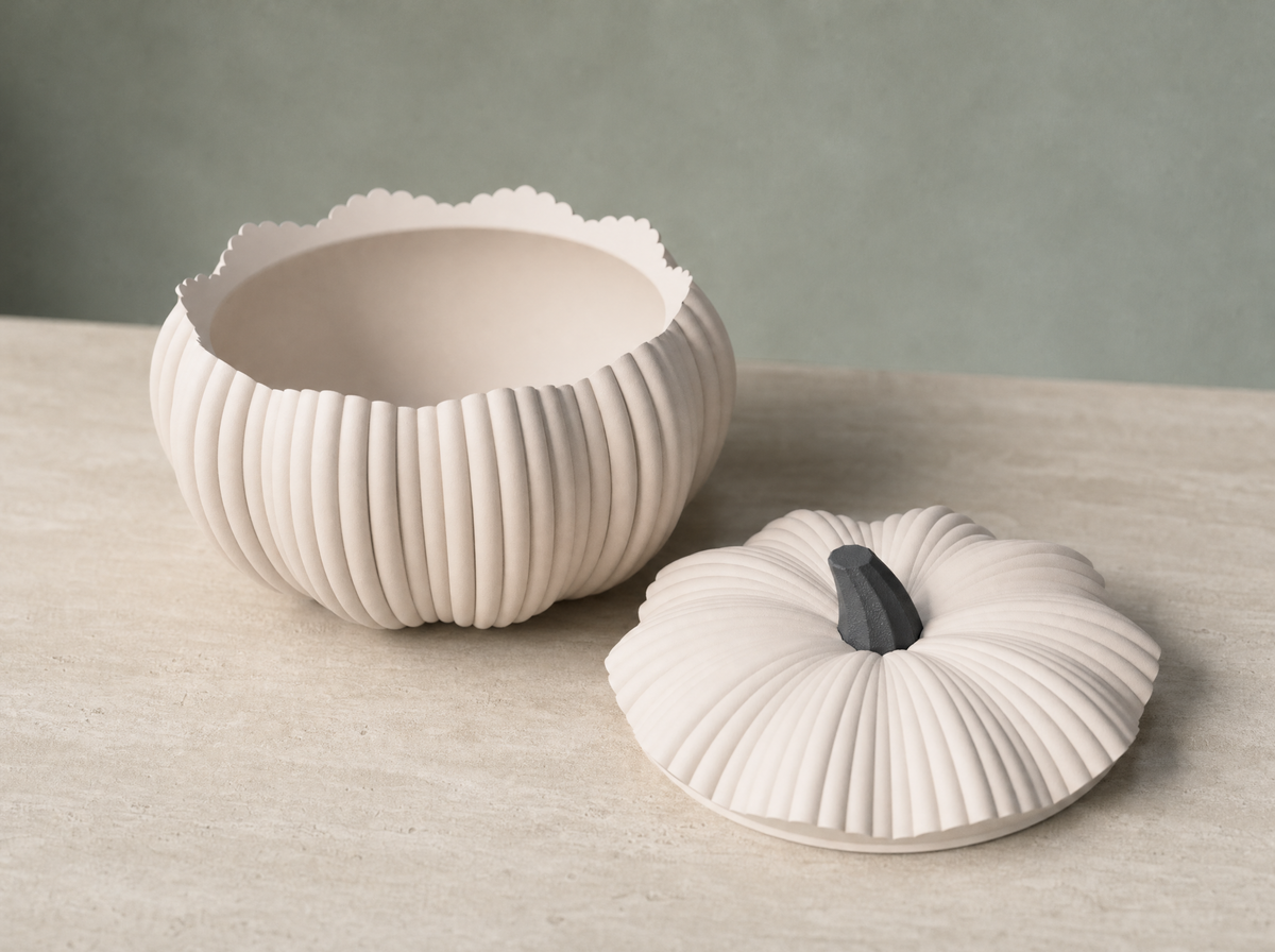 Bone white pumpkin bowl open with lid beside it