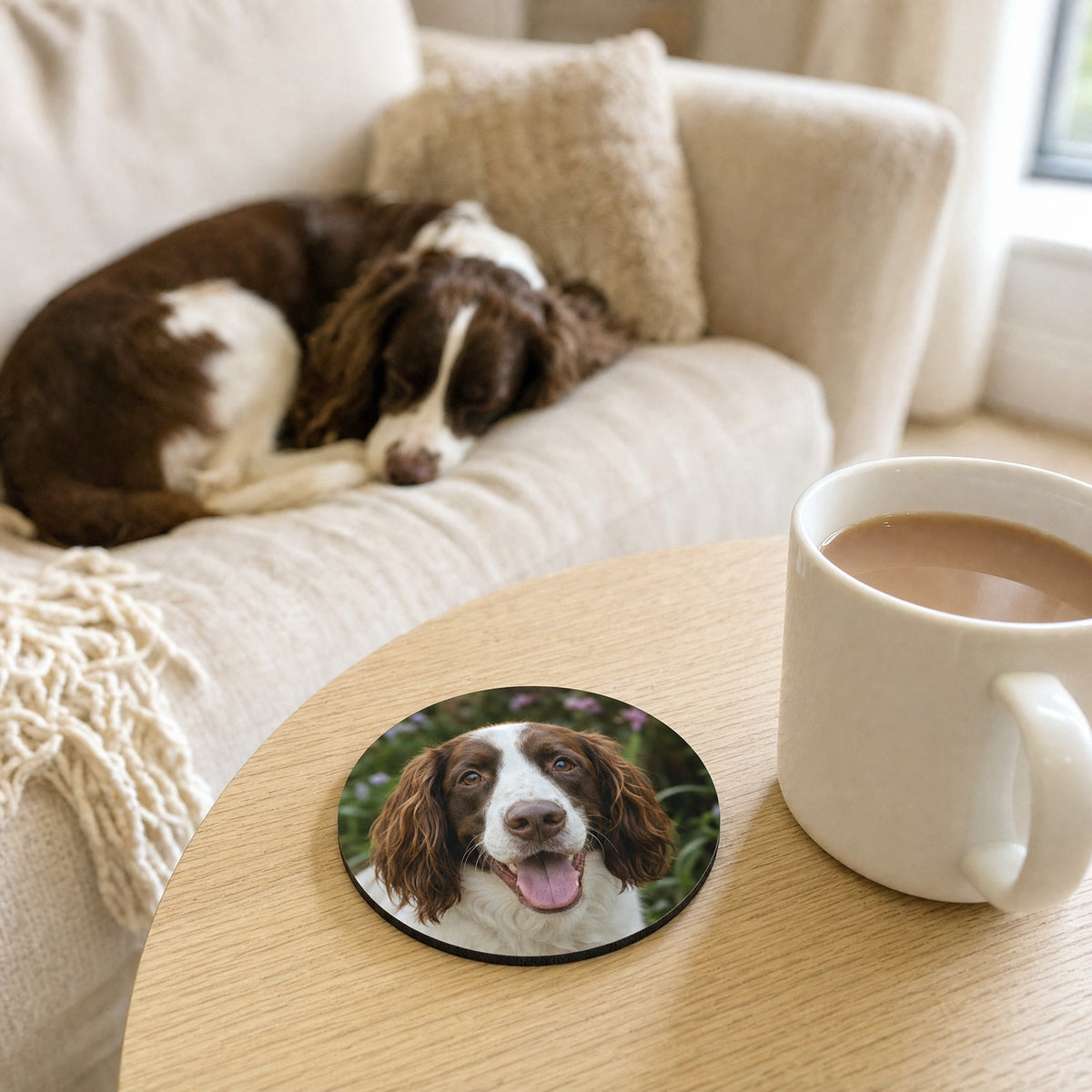Spaniel photo coaster on a side table with a mug