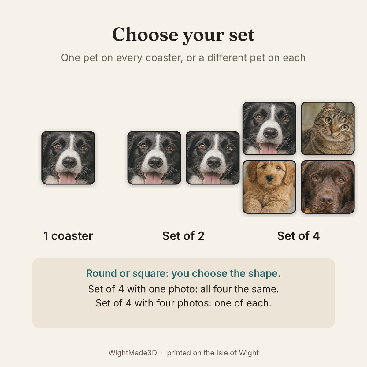 Choose one coaster, a set of 2 or a set of 4