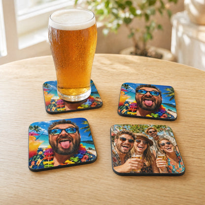 Four personalised photo beer mats on a pub table with a pint