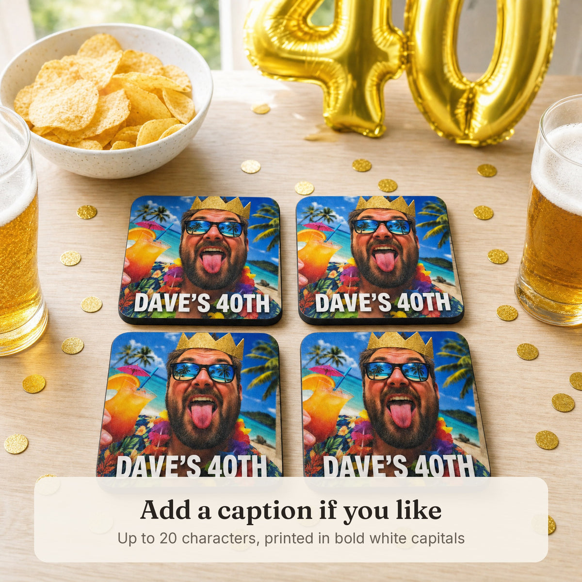 Beer mats printed with a photo and the caption DAVES 40TH