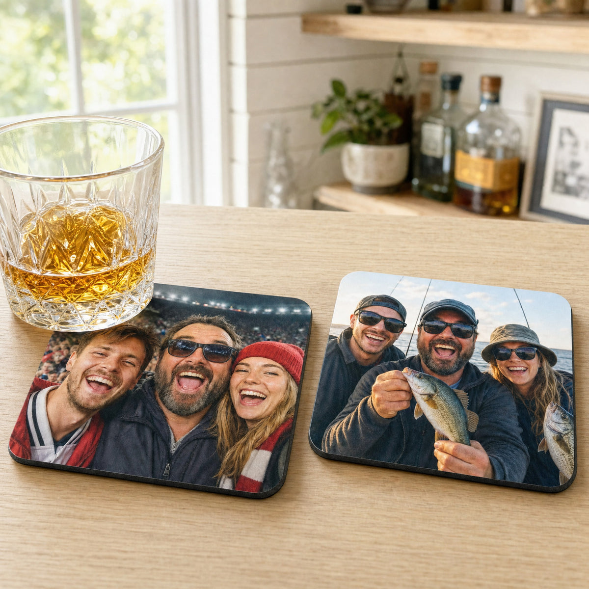 Photo beer mats on a home bar