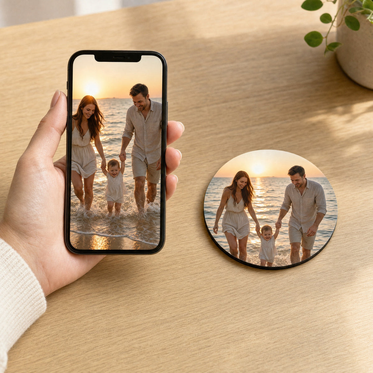 Phone showing a family beach photo next to a round coaster printed with the same photo