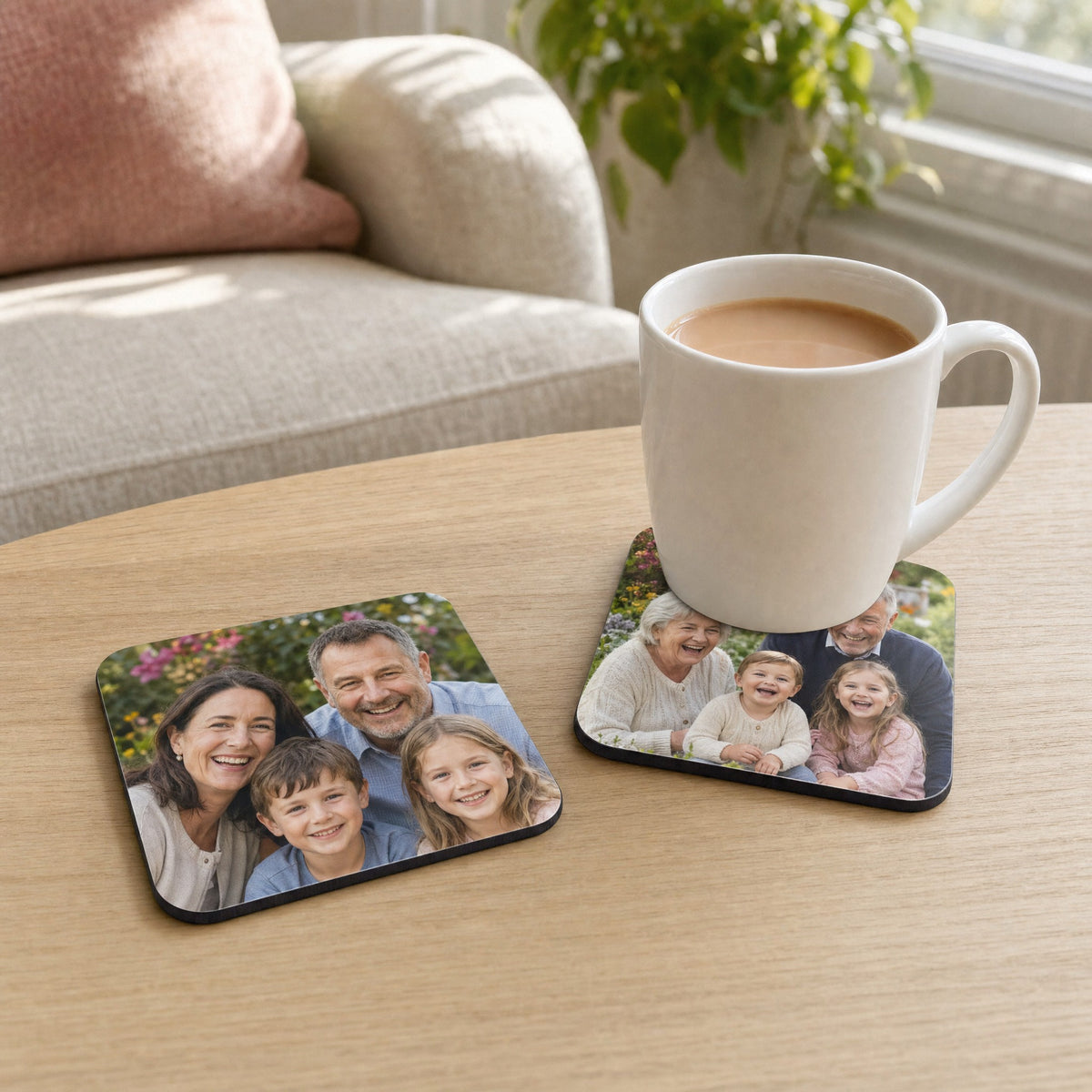 Photo coasters in use under a mug on a coffee table