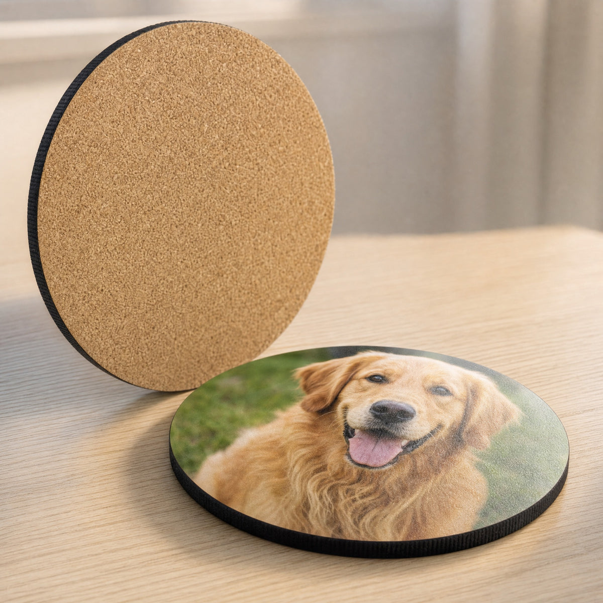 Natural cork back of a photo coaster