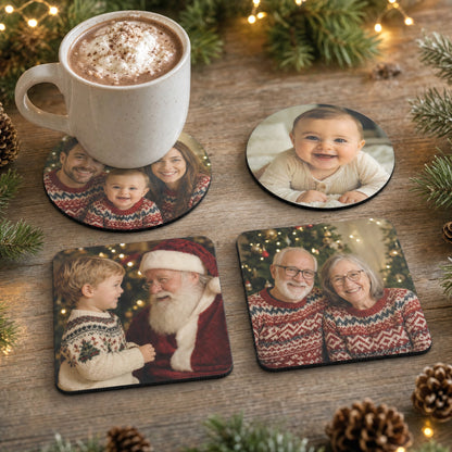 Christmas photo coasters with a hot chocolate